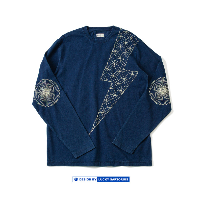 Japanese retro men's wash blue dyed denim lightning embroidery long-sleeved T-shirt for men and women
