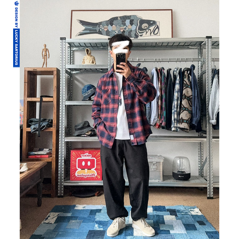 Japanese slub cotton thick long-sleeved plaid shirt