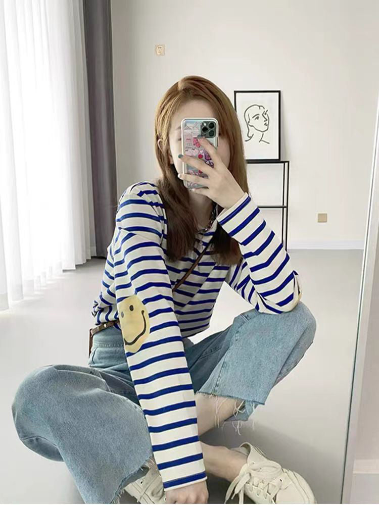 Japanese men's and women's striped four-eye smiley face print casual long-sleeved base shirt T-shirt