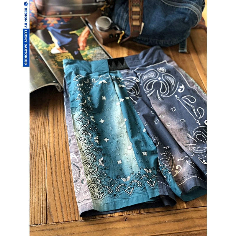 Tie-dyed cashew flower patchwork contrast color shorts Elastic loose shorts