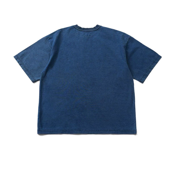 Japanese men's indigo dyed hand-embroidered patch loose short sleeve T-shirt men's summer crewneck T-shirt for men and women