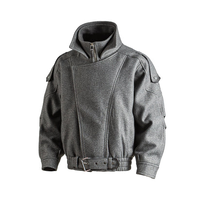 American Retro Wool Lapel Motorcycle Jacket - Cropped Unisex Autumn Winter Coat