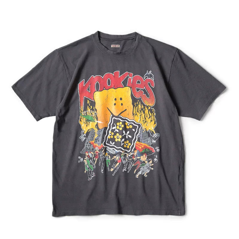 Japanese batik wash distressed cracked fun print crew neck wide short sleeve T-shirt