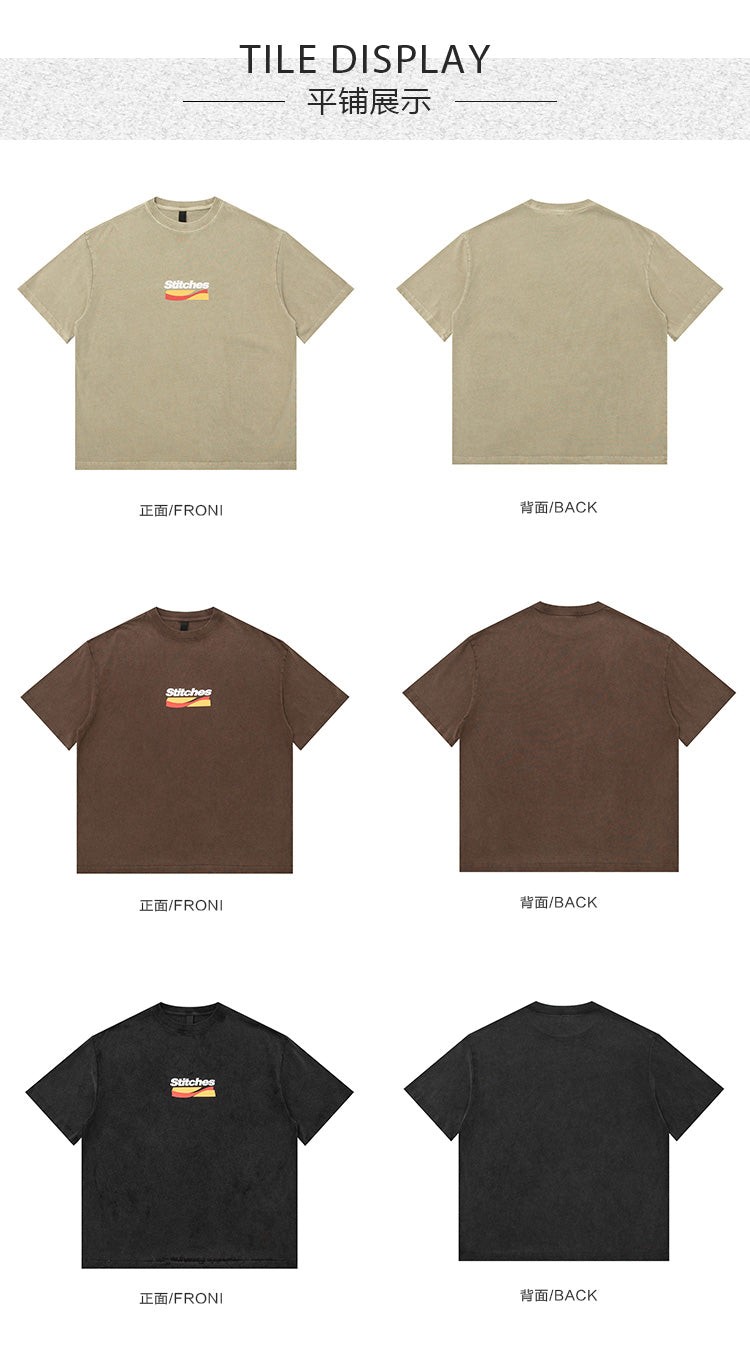 Japanese casual 320g heavy foam print washed short sleeve T-shirt men's summer half sleeve t-shirt