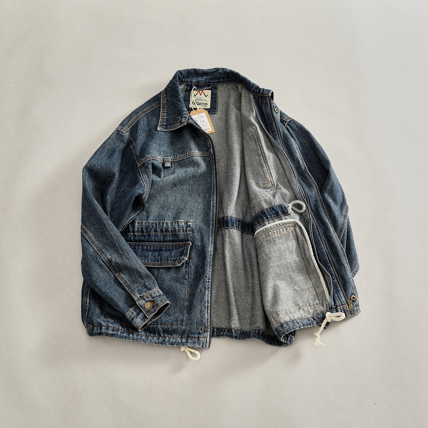 Heavyweight Washed Denim Jacket – Vintage Workwear Multi-Pocket Drawstring Coat