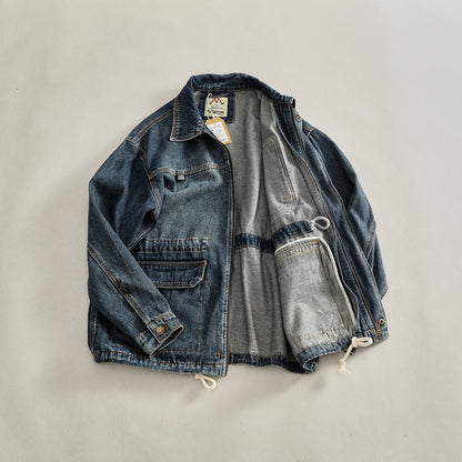 Heavyweight Washed Denim Jacket – Vintage Workwear Multi-Pocket Drawstring Coat