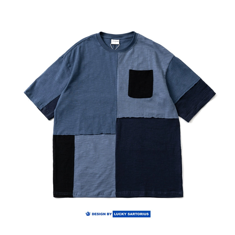 Japanese summer cotton bamboo cotton contrast color stitching loose casual short-sleeved T-shirt