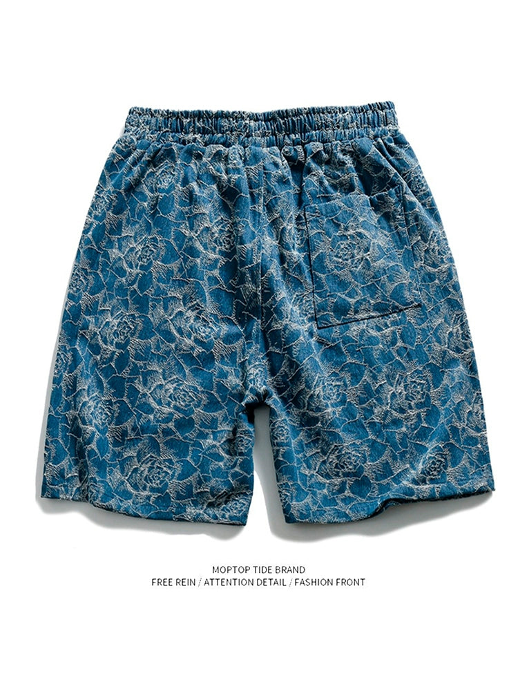 retro rose jacquard texture casual denim shorts men ins street hip-hop straight