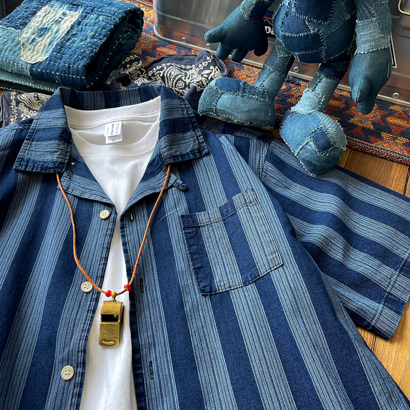 Japanese vintage indigo stripes loose version shoulder cityboy Cuban collar short-sleeved shirt summer shirt men