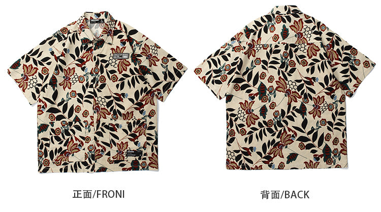 Summer retro fashion brand floral short sleeve shirt men's Hawaiian cotton linen beach linen couple floral shirt Hong Kong style