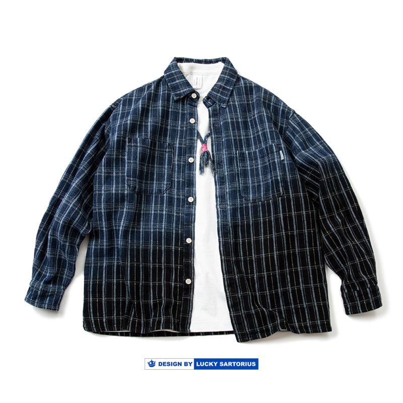Japanese cotton and linen texture washed gradient blue and black plaid shirt