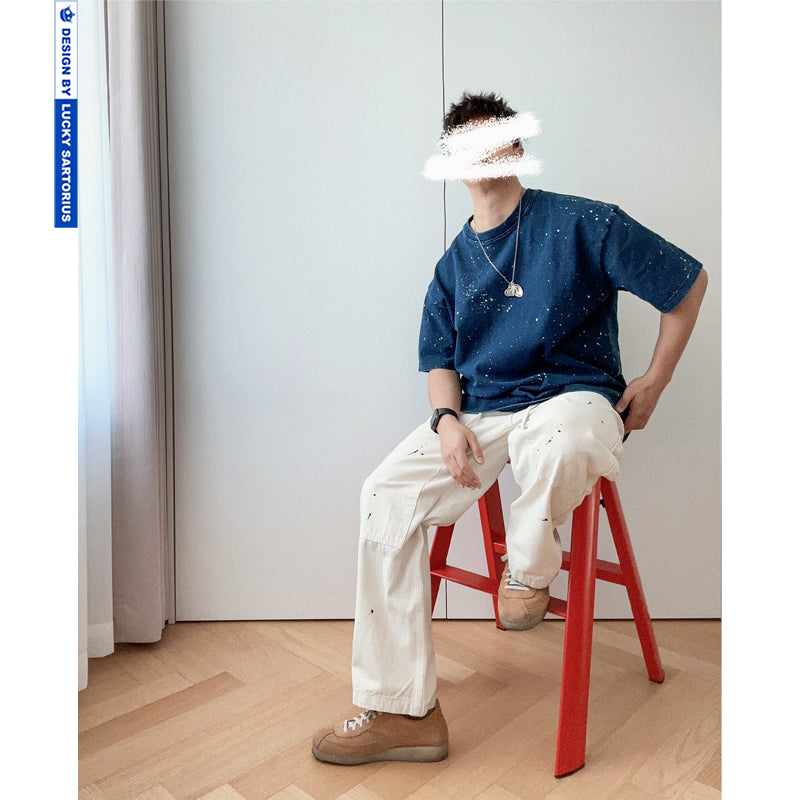 Japanese retro Indigo washed high-gram weight all-cotton ink-splashed short-sleeved T-shirt