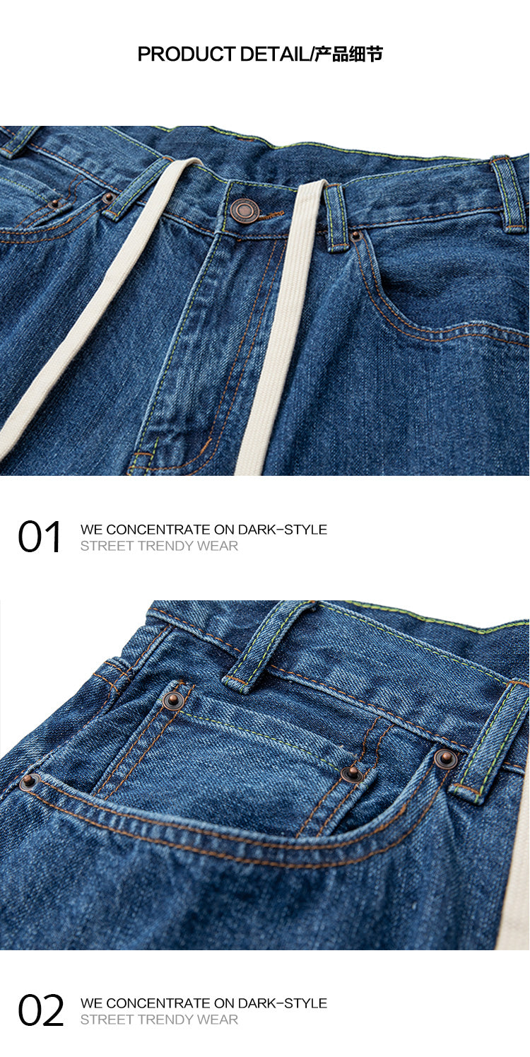 Japanese vintage distressed drawstring straight jeans men's autumn versatile handsome youth wide-leg pants