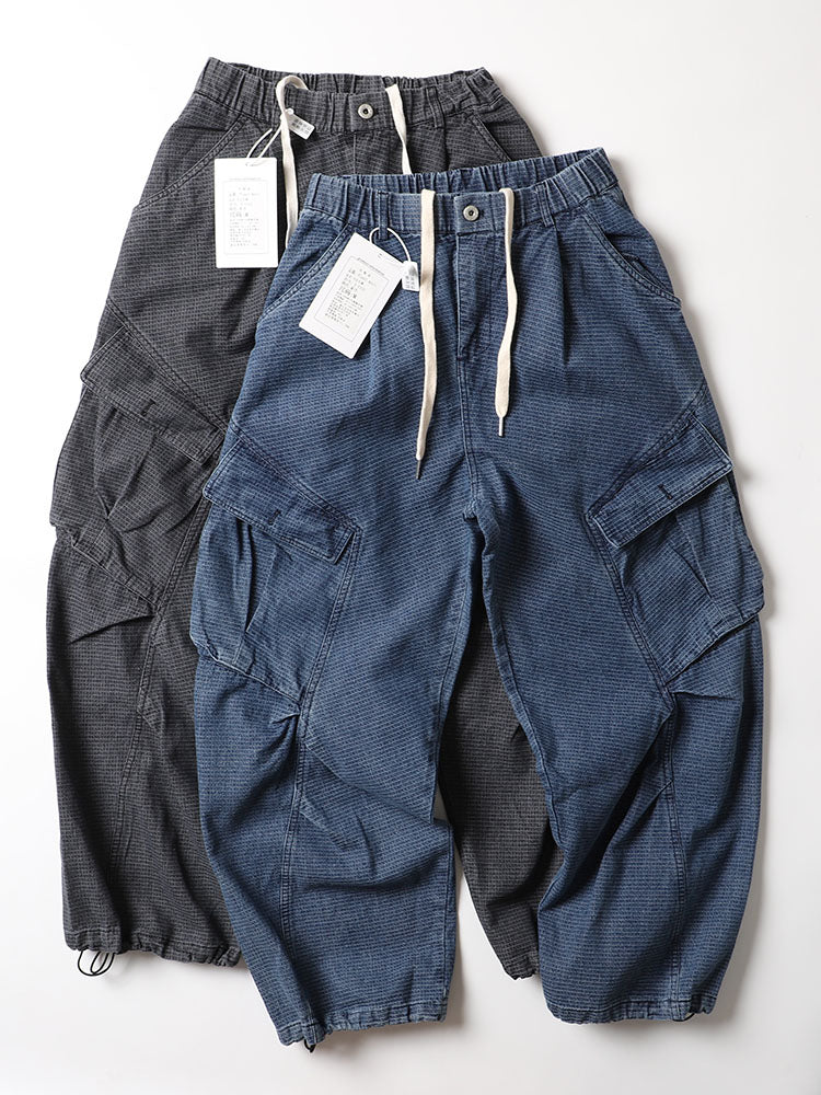 Japanese single click, heavyweight, literary fan, small checkered, loose wide-leg jeans, men's function, retro denim trousers, tide pants