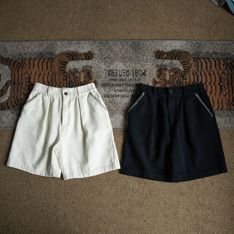 Japanese coarse canvas washed simple embroidery casual loose shorts for men and women