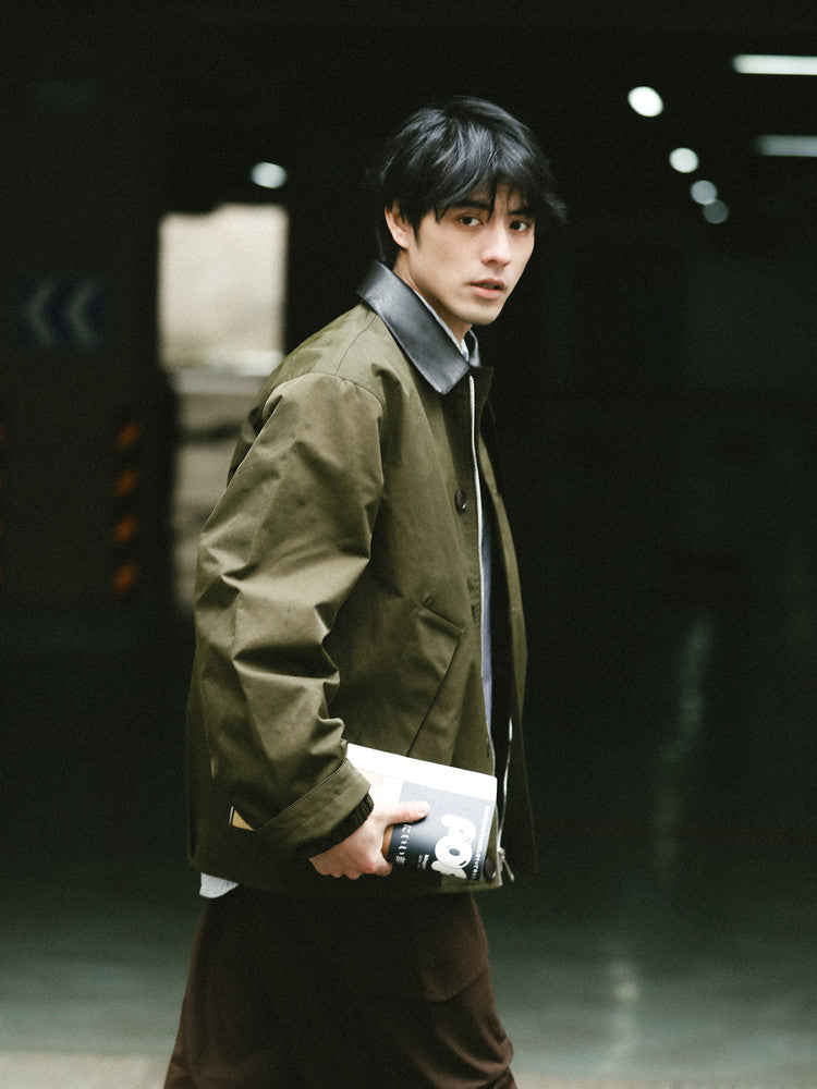 American Vintage Hunting Jacket – Heavy Leather-Collar Harrington Cargo Coat Unisex