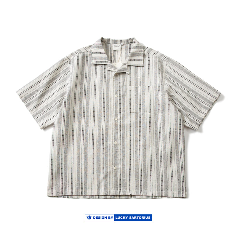 Japanese retro summer men's cotton loose Cuban collar striped short-sleeved shirt