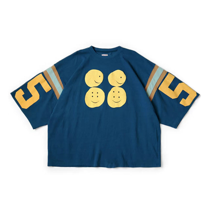 Japanese three-color batik color matching letter smiley face five-point sleeve loose short sleeve T