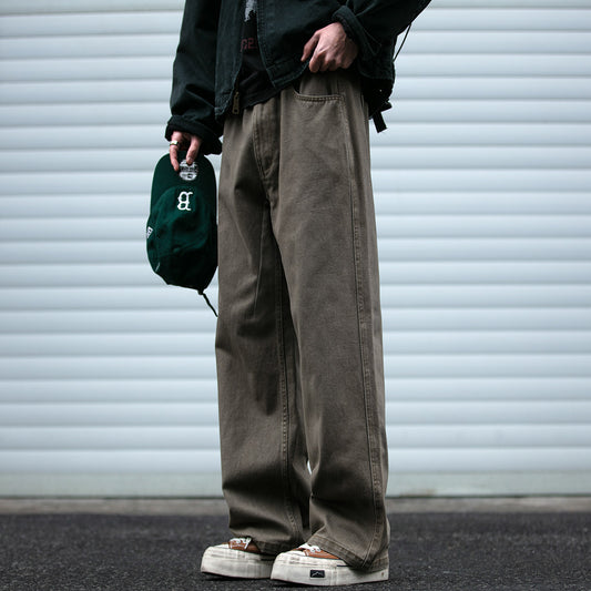 Japanese Vintage Distressed Cargo Pants Men – Pleated Bootcut Wide Leg Cotton Trousers