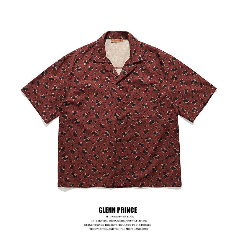 retro Hong Kong style floral full print Cuban collar men's handsome floral shirt summer cotton short sleeve shirt