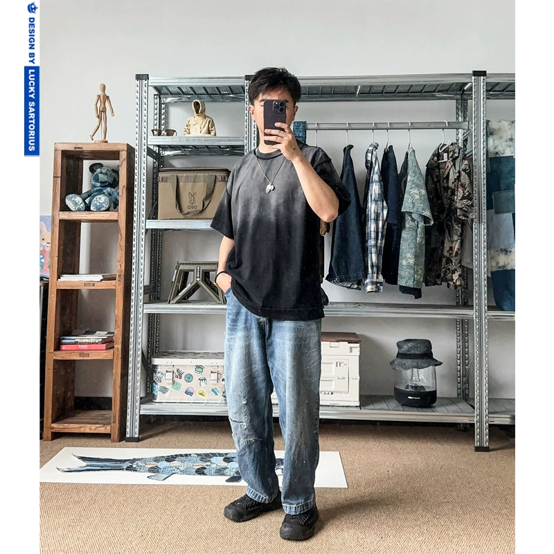 Japanese vintage heavy gradient wash destruction vintage embroidery loose fit short sleeve T-shirt men's and women's T-shirts trendy