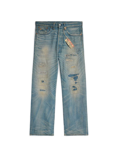 25SS Double R Japanese casual distressed vintage destruction embroidery reshuffled ripped straight-leg denim trousers