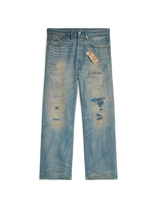 25SS Double R Japanese casual distressed vintage destruction embroidery reshuffled ripped straight-leg denim trousers
