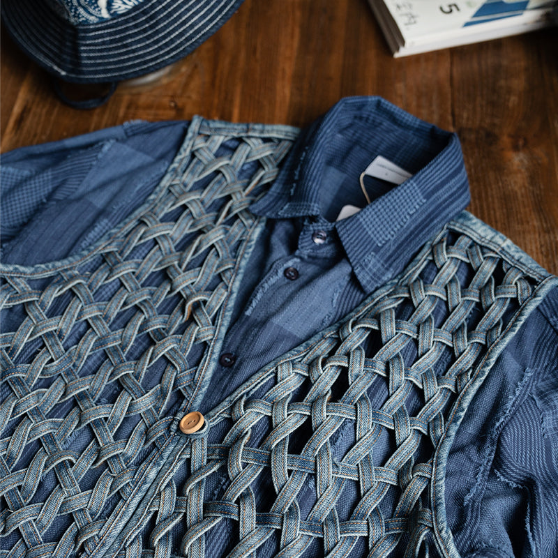 Hand-woven cut-out casual loose denim vest jacket for young men and women