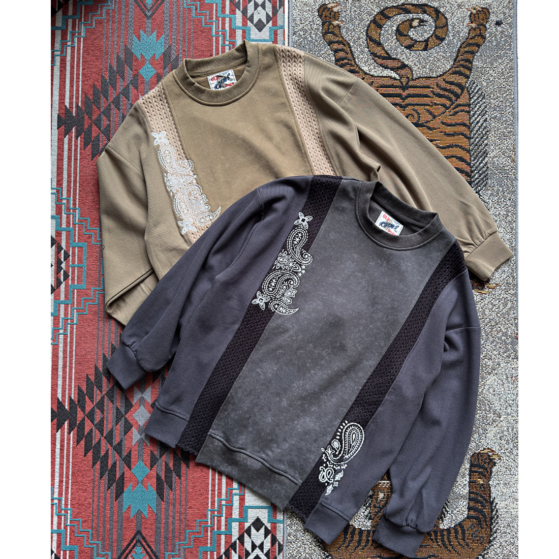 Japanese style men's washed multi-material patchwork cashew flower embroidery round neck pullover loose sweatshirt top for men and women