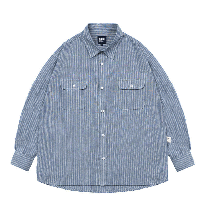 Loose Striped Cotton Long-Sleeve Shirt – Oversized Silhouette Unisex Layering Top – Japanese vintage | yamalin clothes | Yamalinclothes