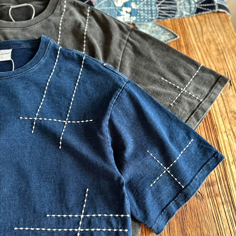 Vintage indigo washed thorn embroidery cotton loose short-sleeved T-shirt summer literary sense youth casual tee