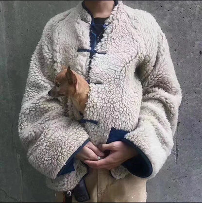 Japanese Artisan Tang Suit Fleece Jacket – Oversized Lamb Wool Lined Unisex Coat