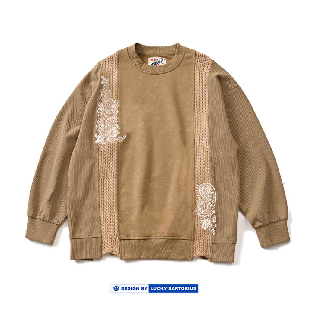 Japanese style men's washed multi-material patchwork cashew flower embroidery round neck pullover loose sweatshirt top for men and women