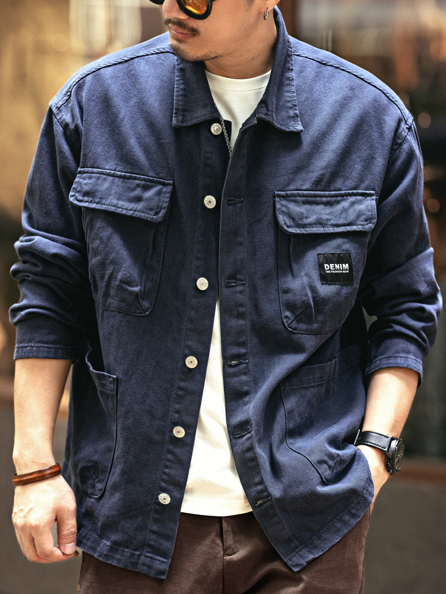 Vintage Chore Jacket Men – Washed Cotton Loose Cargo Workwear Shirt Jacket