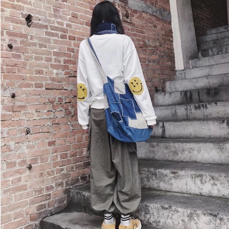 Japanese loose casual smiley face print long sleeve sweater ins tide