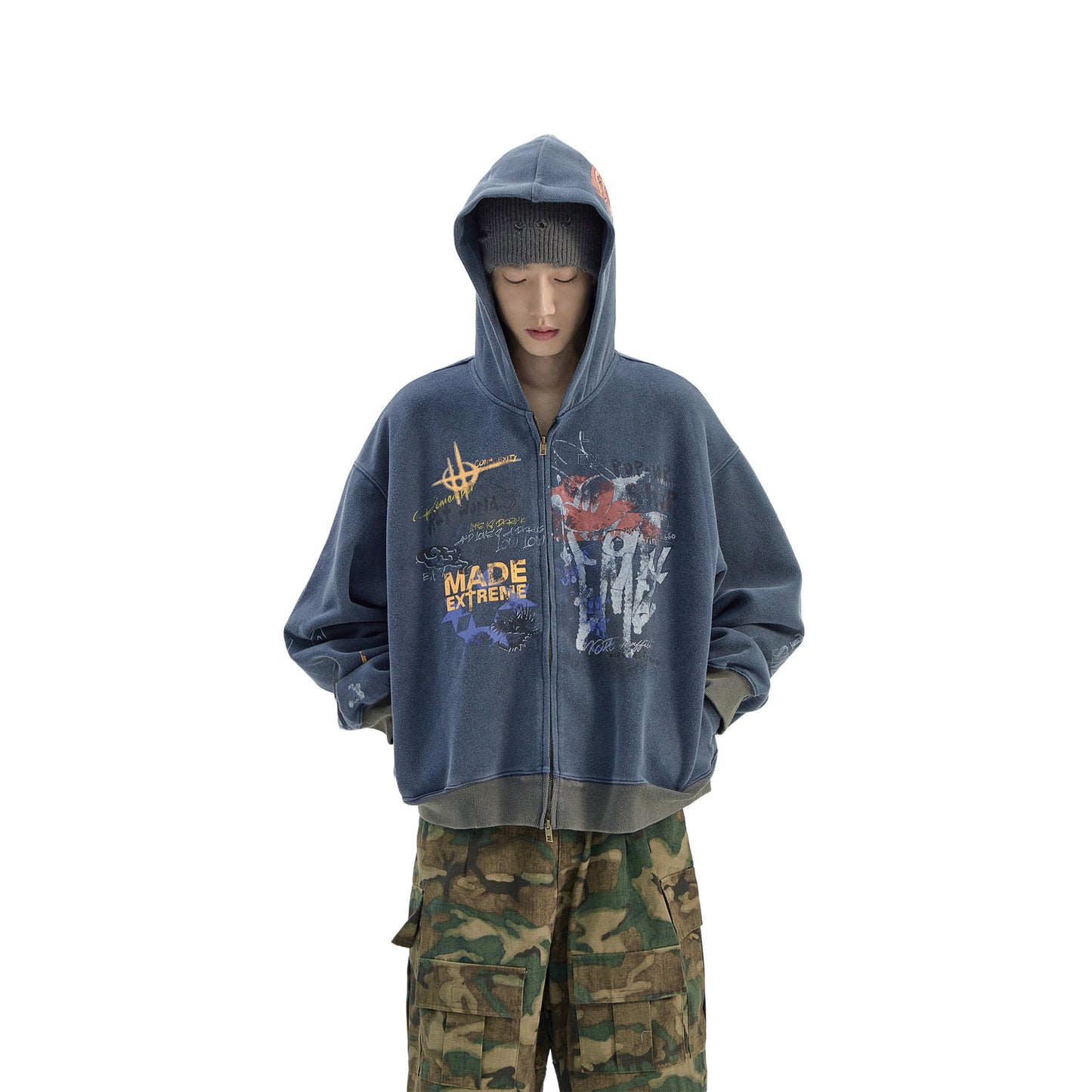 Vintage Distressed Letter Print Zip-Up Hoodie – Oversized Hip-Hop Sweatshirt