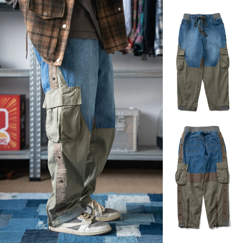 Personality original men's wear deconstructed multi-material stitching element style washed multi-pocket cargo pants casual pants men's trend
