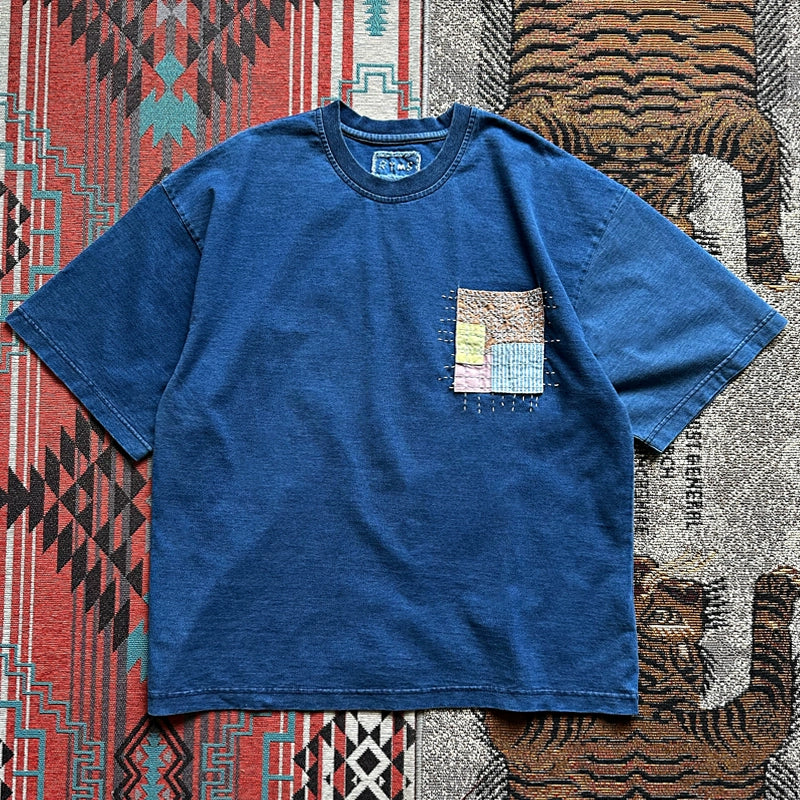 Japanese men's indigo dyed hand-embroidered patch loose short sleeve T-shirt men's summer crewneck T-shirt for men and women