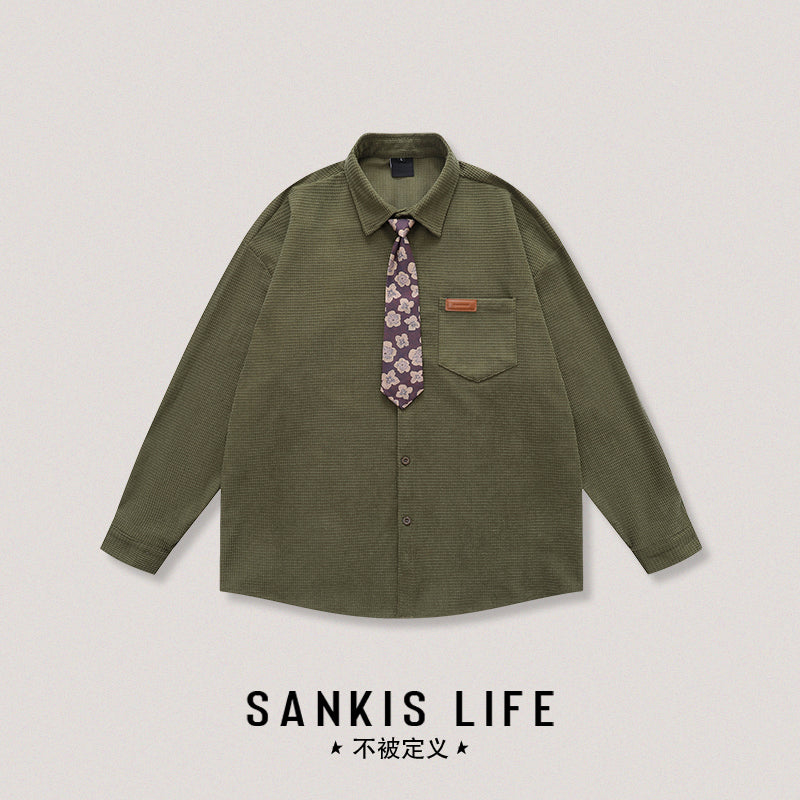 Vintage Neutral Waffle Knit Long Sleeve Shirt – Spring/Autumn Unisex Casual