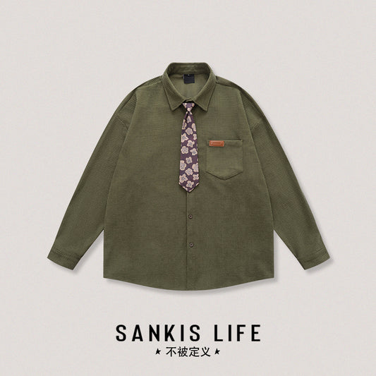 Vintage Neutral Waffle Knit Long Sleeve Shirt – Spring/Autumn Unisex Casual