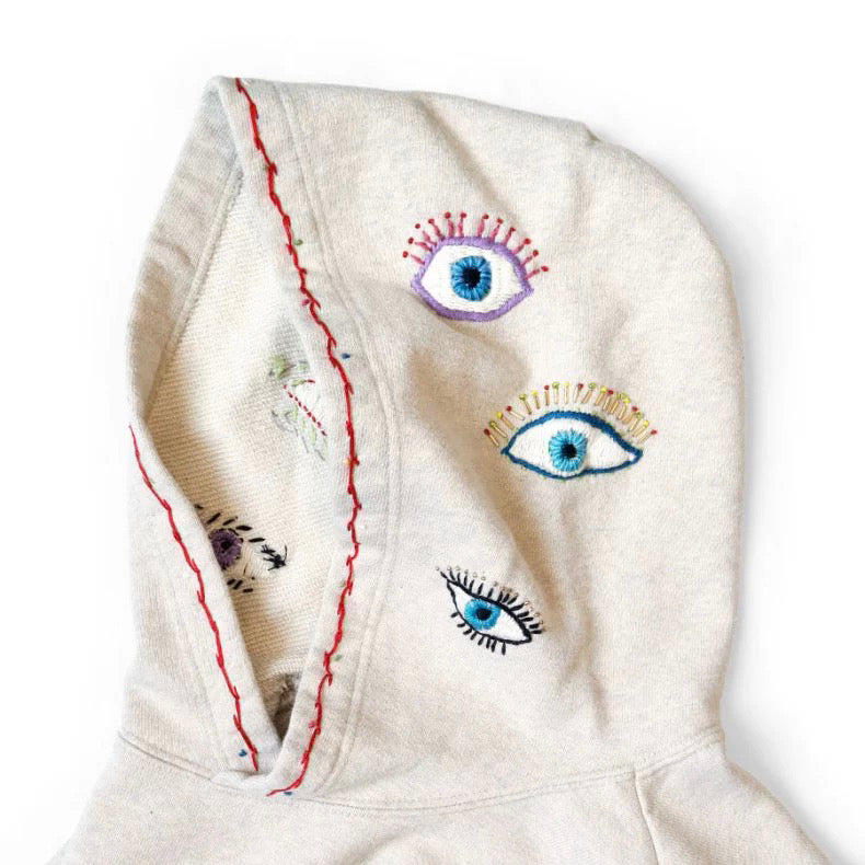 Japanese casual eyes fun embroidery cotton loose hooded sweater