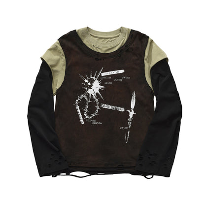 Deconstructed Spliced Washed Long Sleeve T-Shirt – Loose Unisex Streetwear