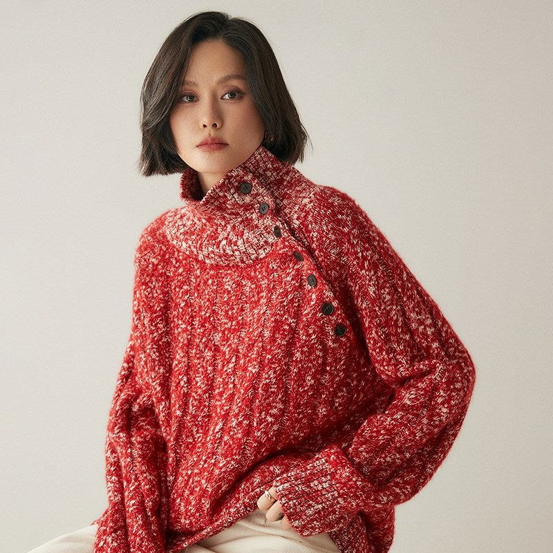 Heavy-duty lazy cashmere sweater, diagonal buttoned floral tulle, thickened twisted high-neck sweater, Korean autumn/winter new women's knitwear | Yamalinclothes