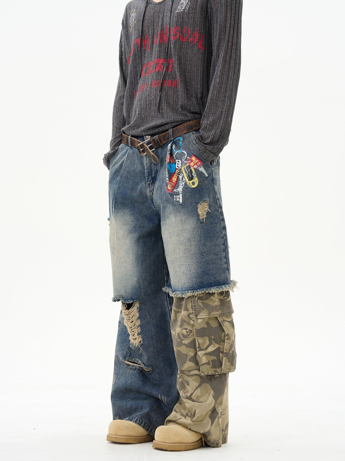 American retro print splicing camouflage jeans for men, handsome high-class street pants