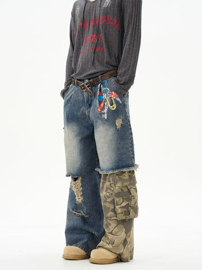 American retro print splicing camouflage jeans for men, handsome high-class street pants