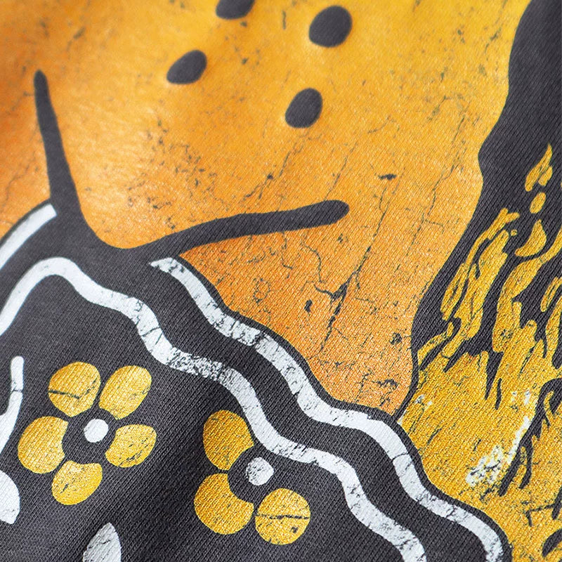 Japanese batik wash distressed cracked fun print crew neck wide short sleeve T-shirt