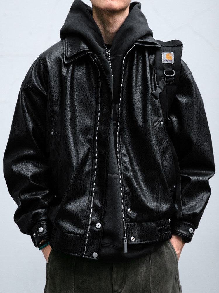 Soft PU Double-Layer Lapel Leather Jacket – American Retro Oversized Unisex – Japanese vintage | fall outfits 2026 | fall winter outfits | classy winter outfits | lazy comfy outfits | japanese streetwear | vintage workwear | yamalin clothes | Yamalinclothes