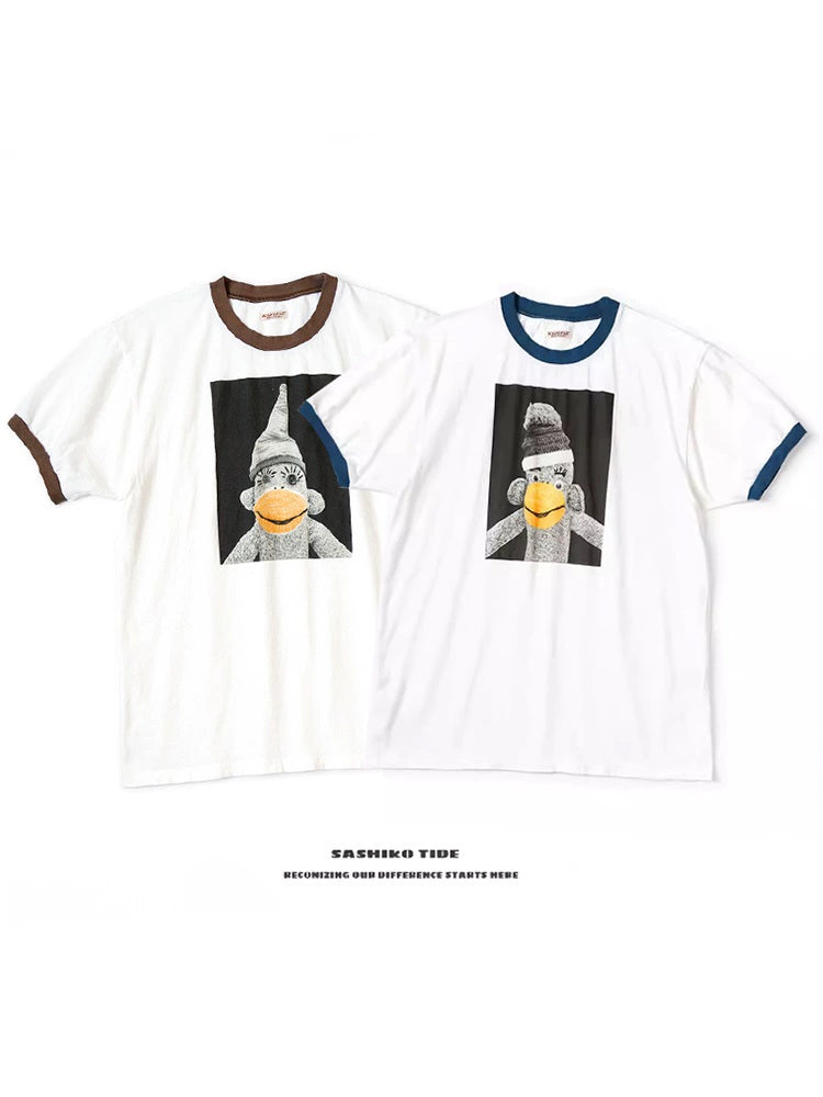 Japanese loose casual cotton heavyweight crewneck color-blocked doll monkey print short sleeve T-shirt