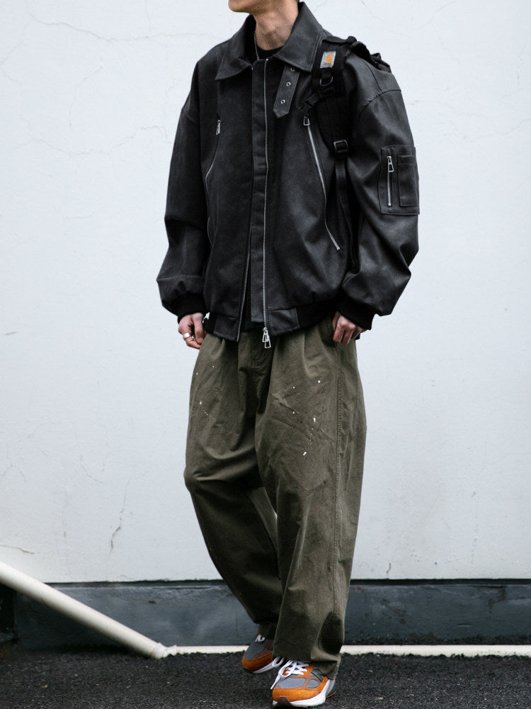Double-Zip Stand-Collar PU Leather Jacket – Vintage Oversized Unisex