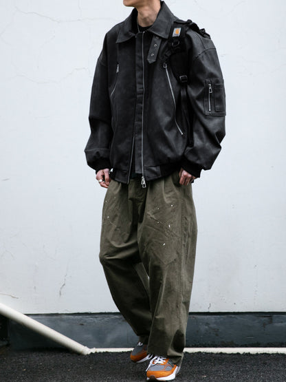 Double-Zip Stand-Collar PU Leather Jacket – Vintage Oversized Unisex